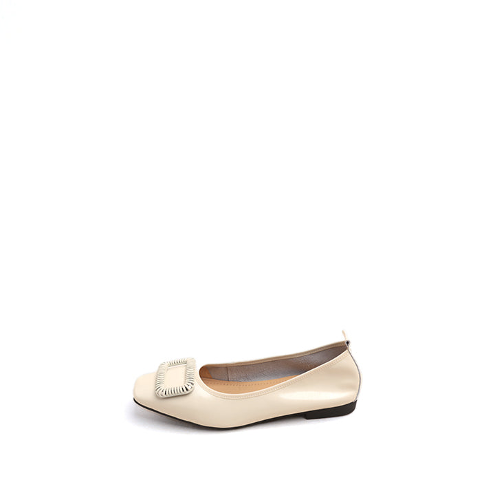 Beige Waxy Silver Buckle Square Toe Flats
