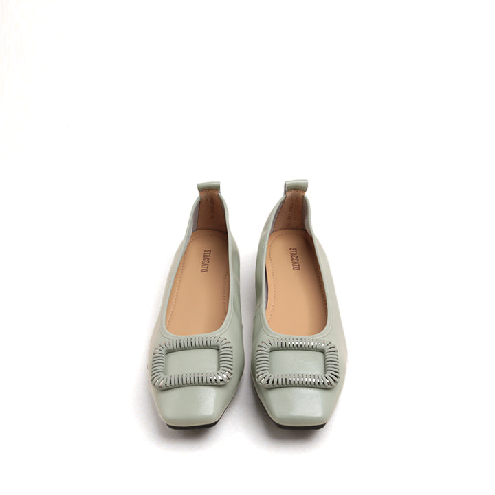 Mint Waxy Silver Buckle Square Toe Flats