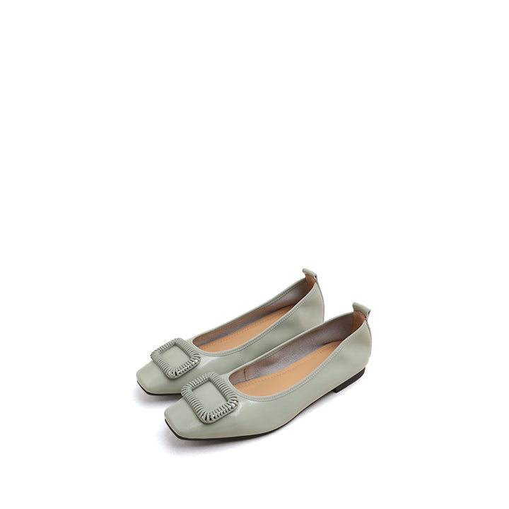 Mint Waxy Silver Buckle Square Toe Flats