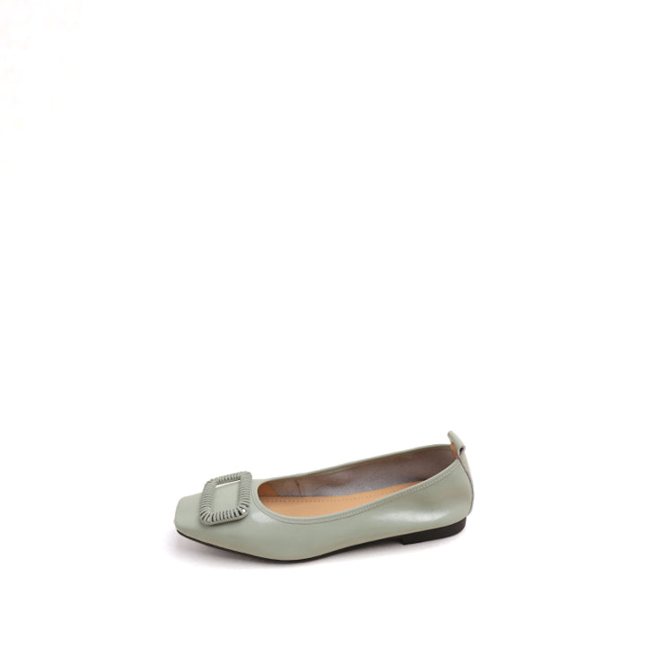 Mint Waxy Silver Buckle Square Toe Flats