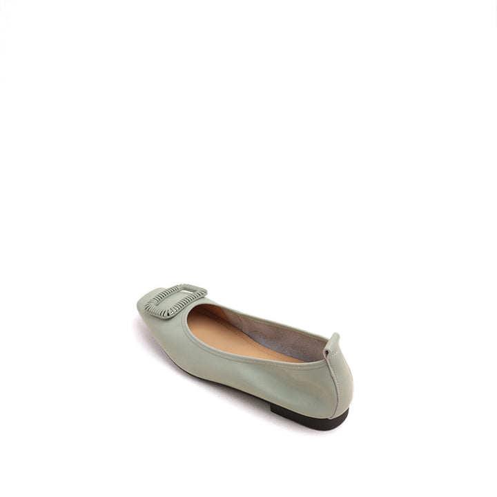 Mint Waxy Silver Buckle Square Toe Flats