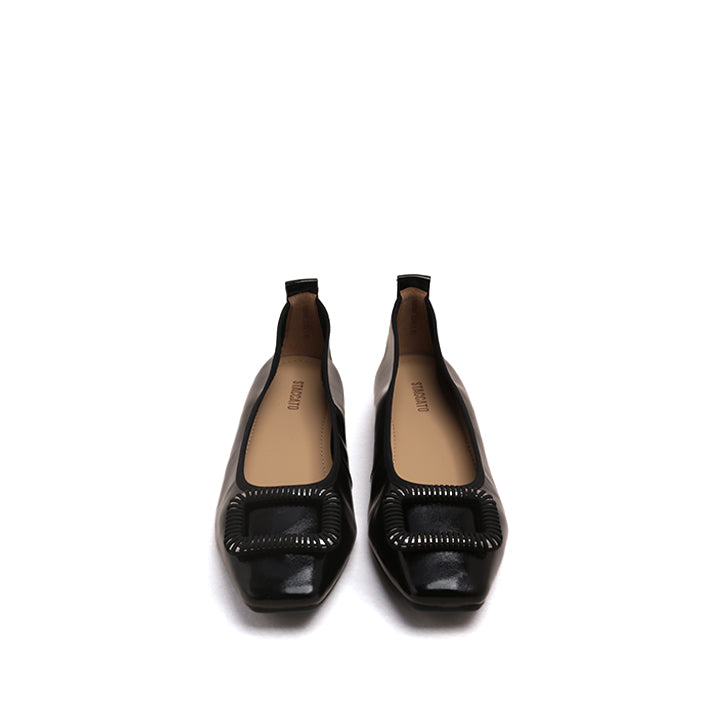 Black Waxy Silver Buckle Square Toe Flats