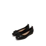 Black Waxy Silver Buckle Square Toe Flats