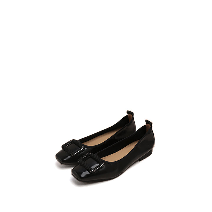 Black Waxy Silver Buckle Square Toe Flats