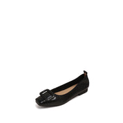 Black Waxy Silver Buckle Square Toe Flats