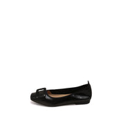 Black Waxy Silver Buckle Square Toe Flats