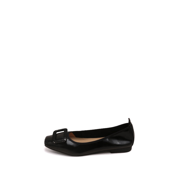 Black Waxy Silver Buckle Square Toe Flats