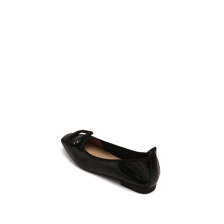 Black Waxy Silver Buckle Square Toe Flats
