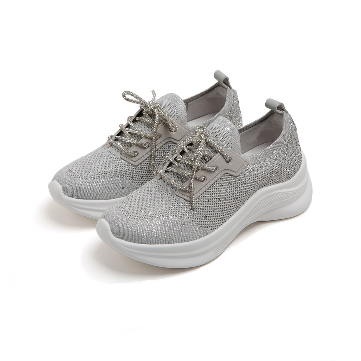 Grey Knit Crystal Lace Up Sneakers