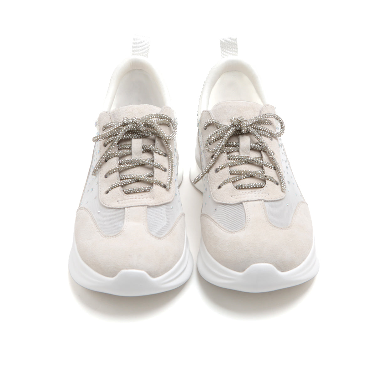 Beige Meshed Crystal Lace Up Sneakers