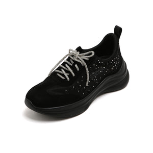 Black Meshed Crystal Lace Up Sneakers