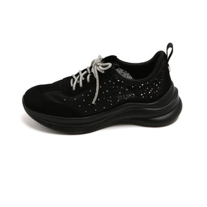 Black Meshed Crystal Lace Up Sneakers