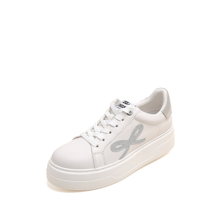 White Glitter Bow Leather Sneakers