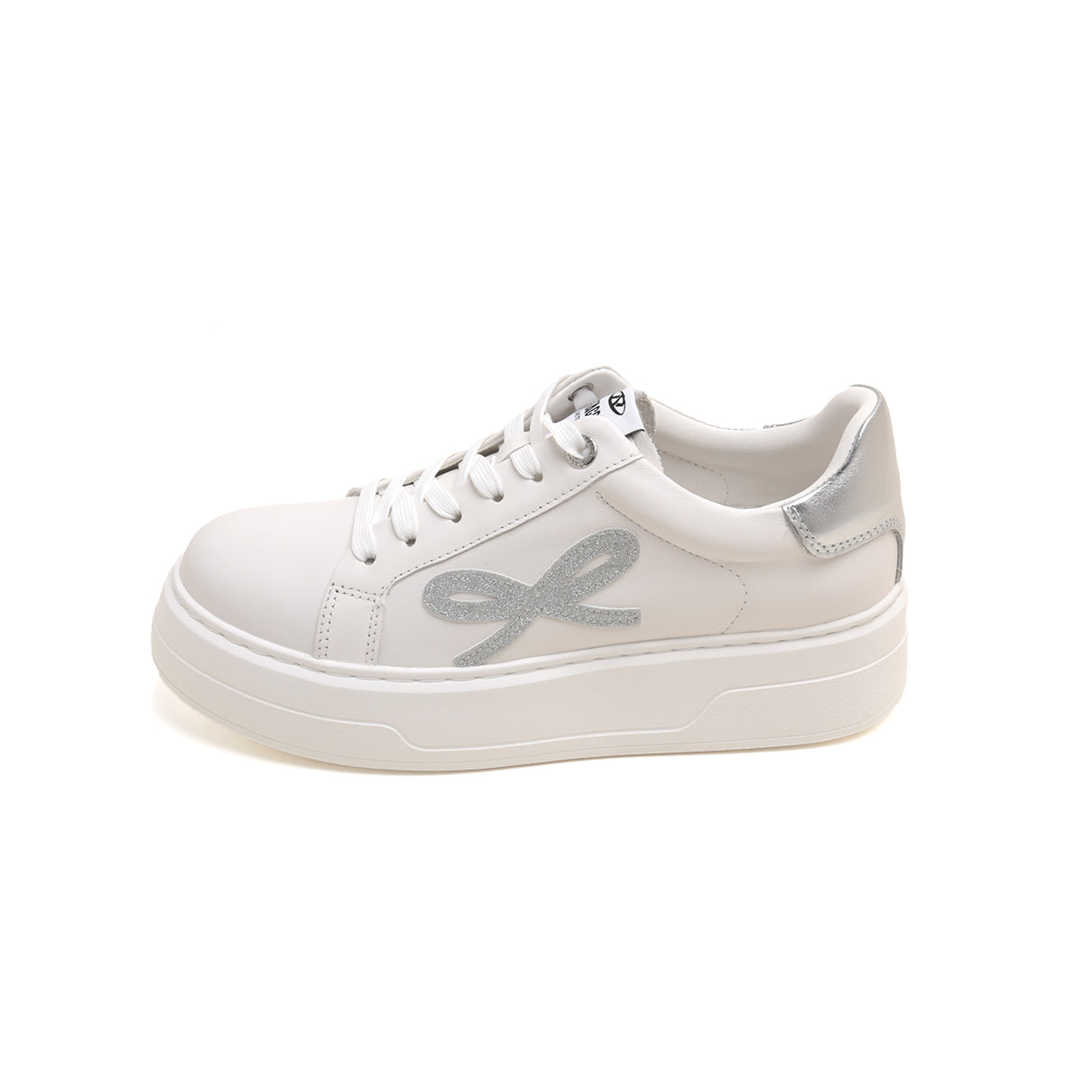 White Glitter Bow Leather Sneakers
