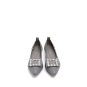 Grey Crystal Buckle Pointy Knit Flats