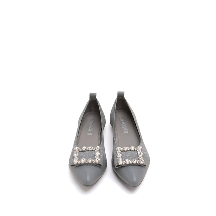 Grey Crystal Buckle Pointy Knit Flats