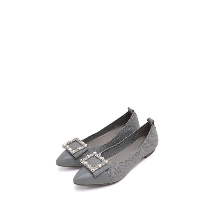 Grey Crystal Buckle Pointy Knit Flats