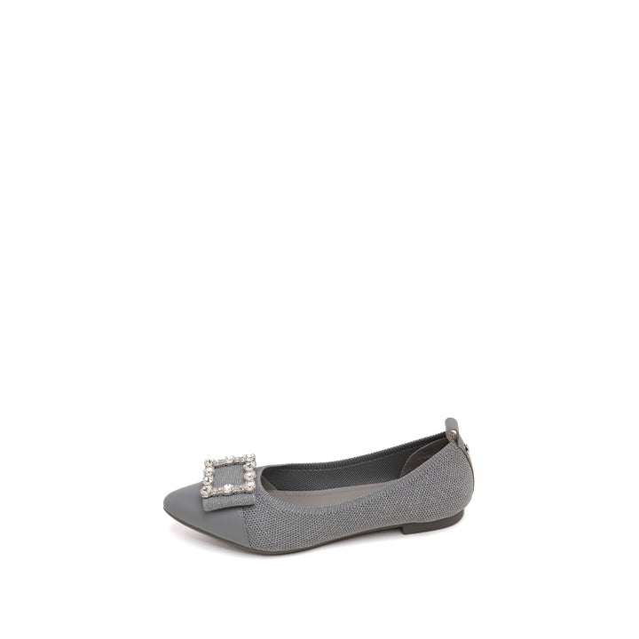 Grey Crystal Buckle Pointy Knit Flats