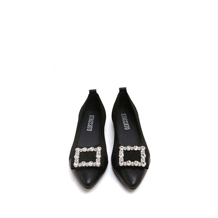 Black Crystal Buckle Pointy Knit Flats