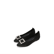 Black Crystal Buckle Pointy Knit Flats