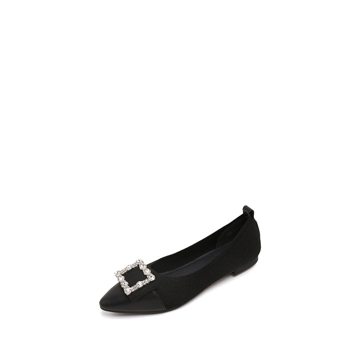 Black Crystal Buckle Pointy Knit Flats