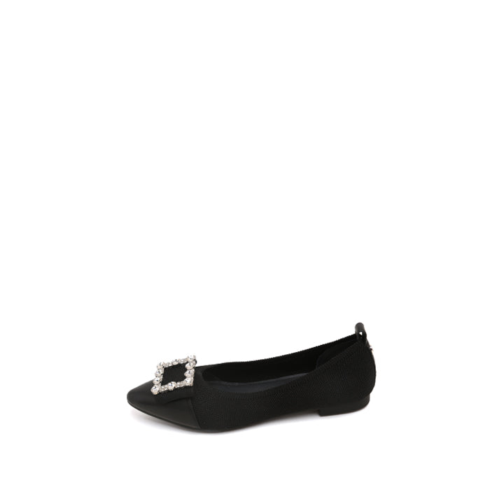 Black Crystal Buckle Pointy Knit Flats