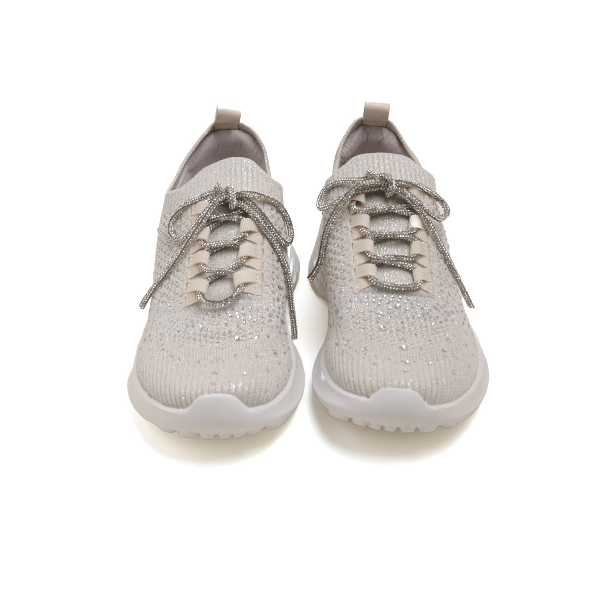 Beige Crystal Lace Up Knitted Sneakers