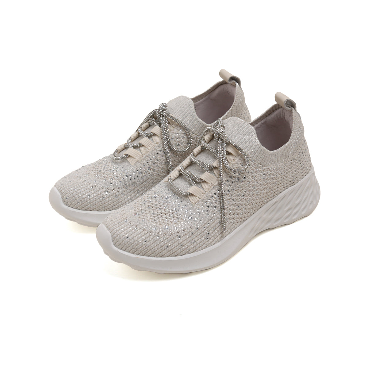 Beige Crystal Lace Up Knitted Sneakers