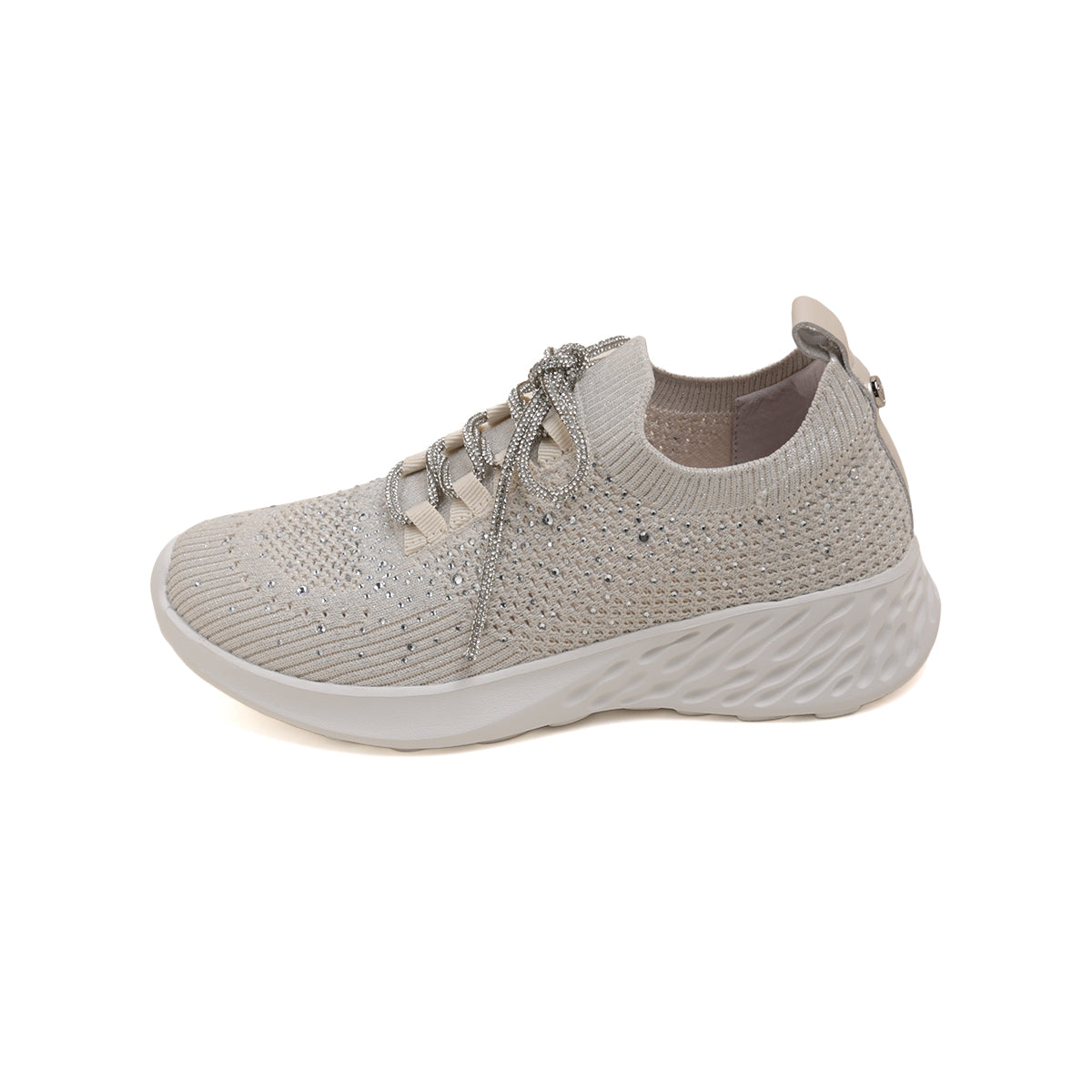 Beige Crystal Lace Up Knitted Sneakers