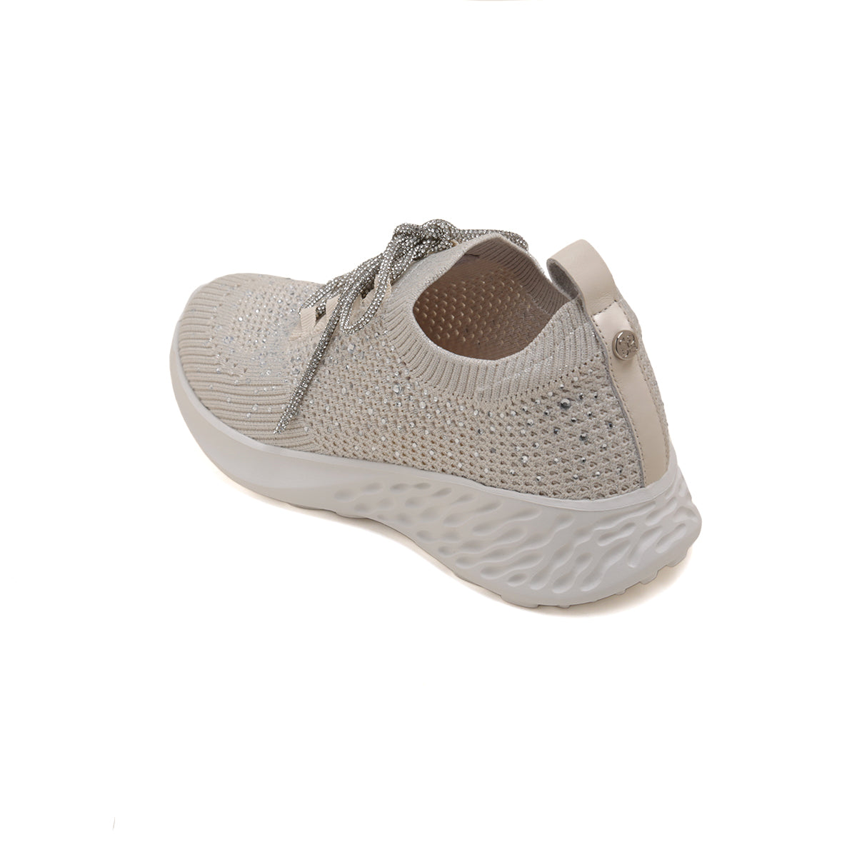 Beige Crystal Lace Up Knitted Sneakers