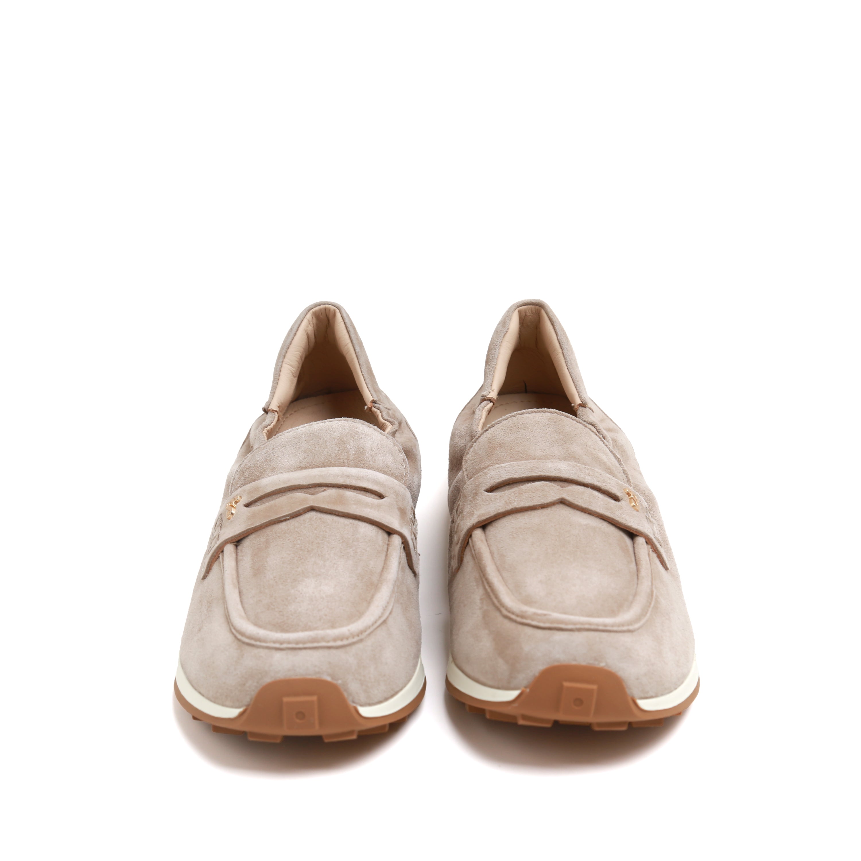 Taupe Suede Penny Loafers with Metal Hardware