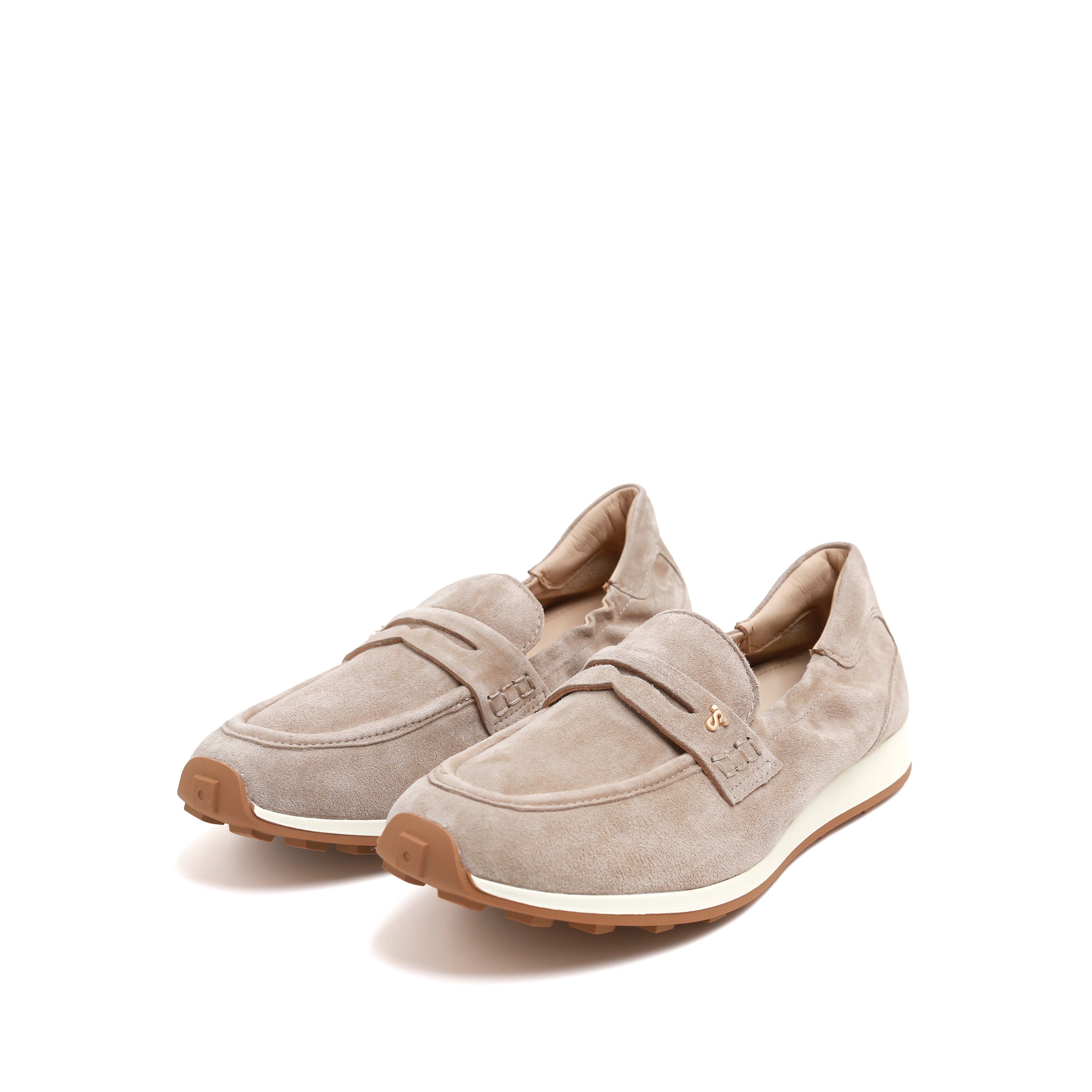 Taupe Suede Penny Loafers with Metal Hardware