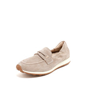 Taupe Suede Penny Loafers with Metal Hardware