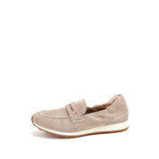 Taupe Suede Penny Loafers with Metal Hardware