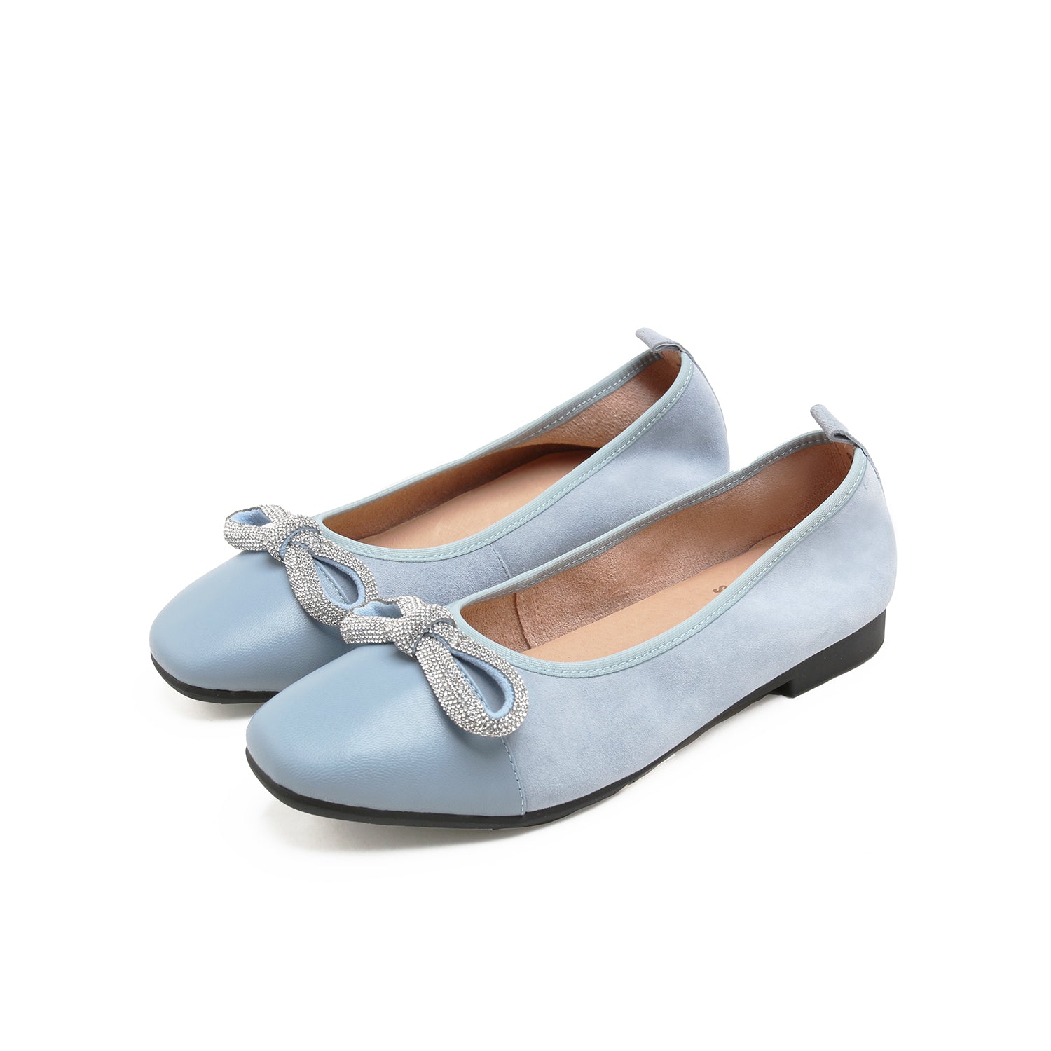 Blue Crystal Bow Suede Ballerina Flats