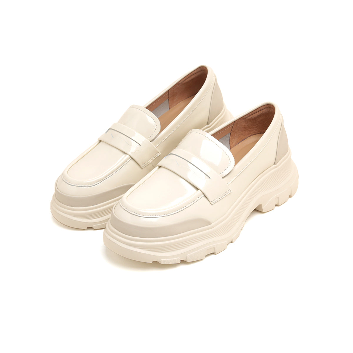 Beige Leather Platform Loafers