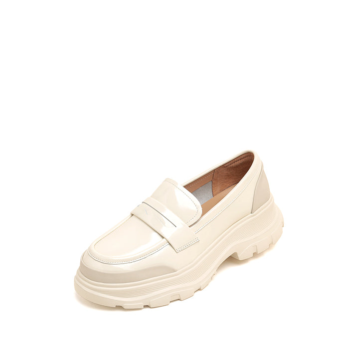 Beige Leather Platform Loafers