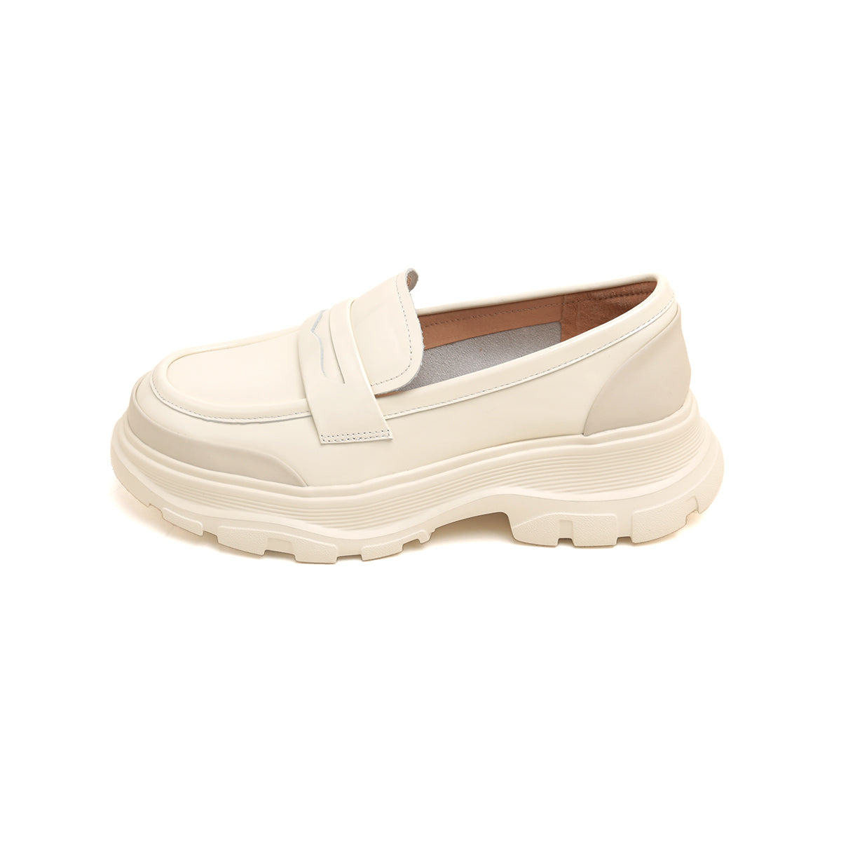 Beige Leather Platform Loafers