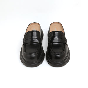 Black Leather Platform Slip On Loafers