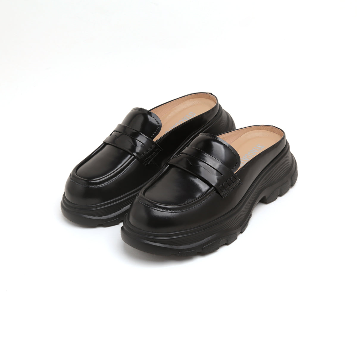 Black Leather Platform Slip On Loafers