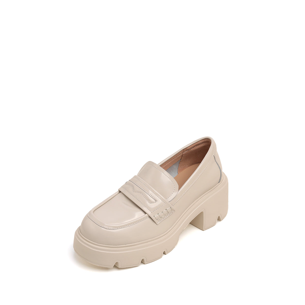 Beige Leather Platform Loafers