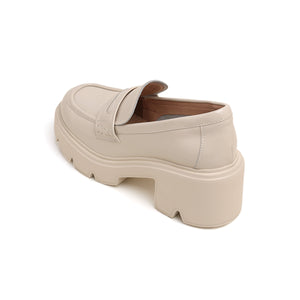 Beige Leather Platform Loafers