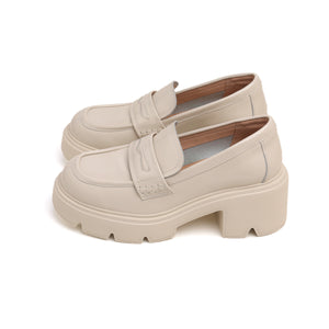 Beige Leather Platform Loafers