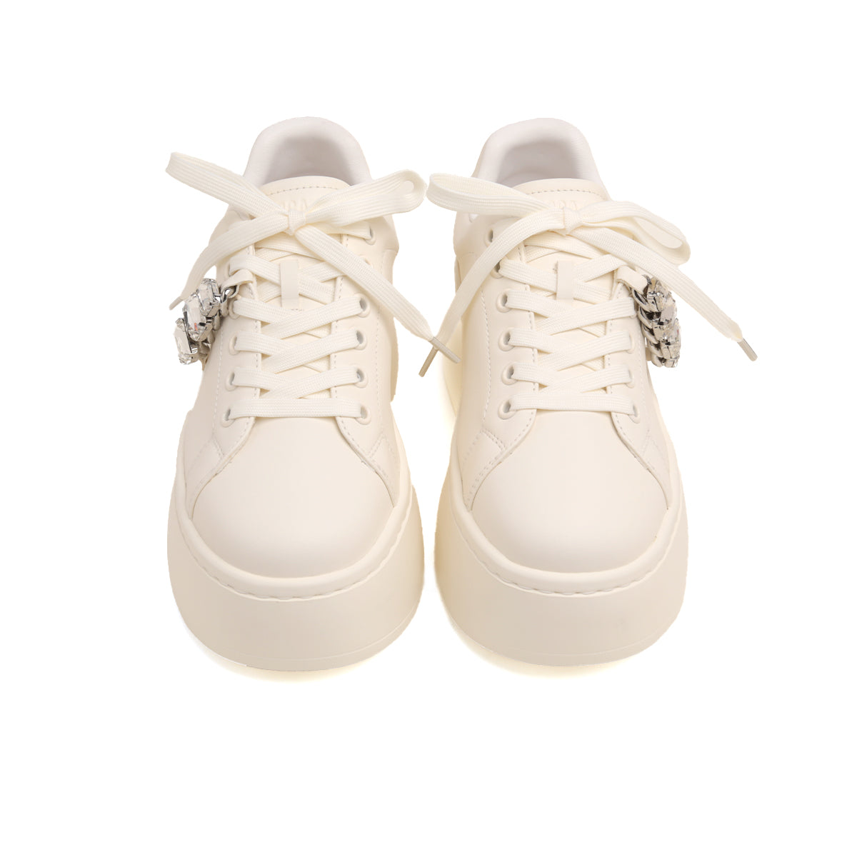 Beige Leather Crystal Chain Platform Sneakers