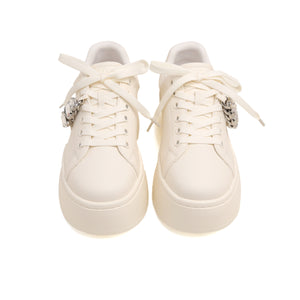 Beige Leather Crystal Chain Platform Sneakers