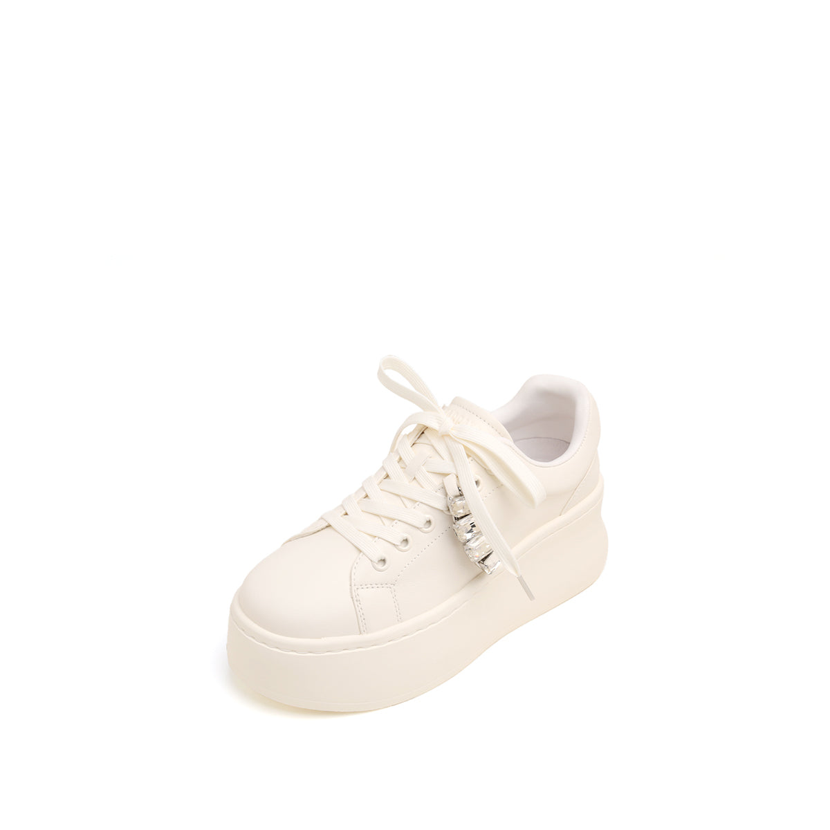 Beige Leather Crystal Chain Platform Sneakers