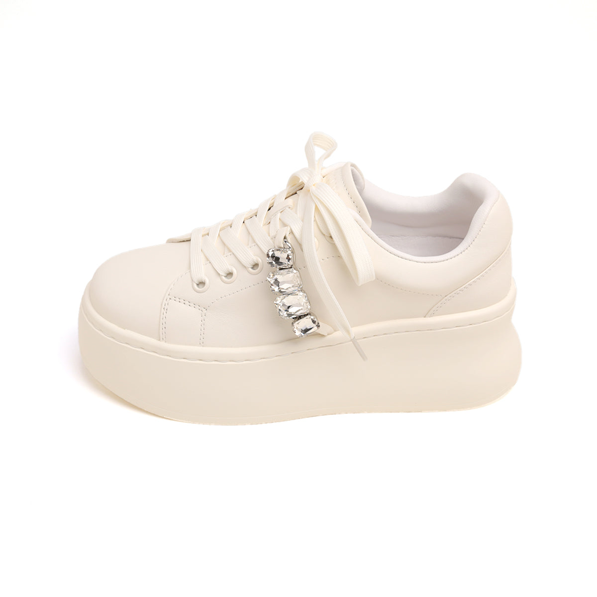 Beige Leather Crystal Chain Platform Sneakers