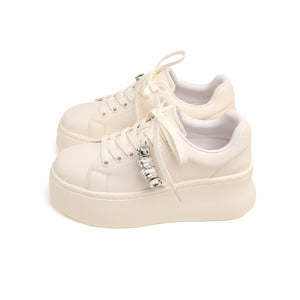 Beige Leather Crystal Chain Platform Sneakers