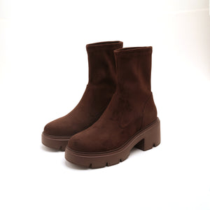 Brown Elastic Platform Ankle Sock Boots