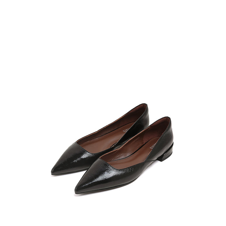 Black Pointed Crumpled leather Cut Out Flats